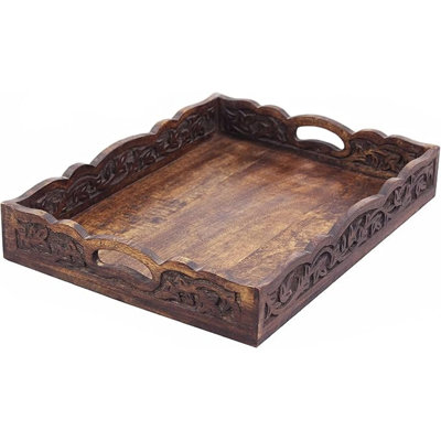 Hand Carved Wooden Serving Tray - Decorative Breakfast Tray With Handles - Rustic Wooden Food Tray With Intricate Detail - Unique Furnishing Accent - Natural Finish - 17 X 13 X 2.5 Inch