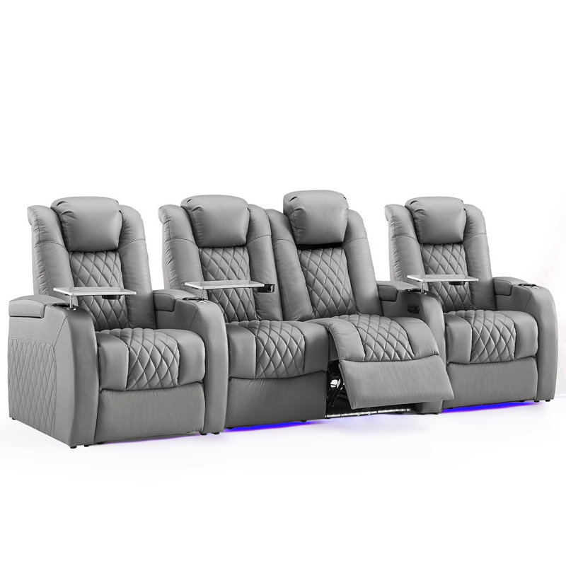 Upholstered Power Reclining Home Theater Seating With Cup Holder, Gray