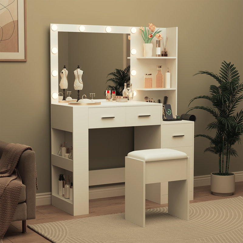 Makeup Vanity with Lights and Mirror, 41" Vanity Desk with Stool and Outlets, Lighted Vanity Table with 10 Bulbs, 3 Color Modes, 5 Drawers, Hair Dryer Holder for Bedroom