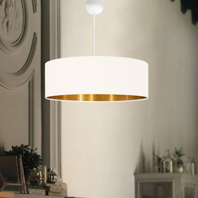 Élégant lustre crème et doré, capuchon en tissu, 19,7 po de diamètre | Hauteur totale: 27,6 po | 1 x douille E27 (40 W maximum) | Parfait pour la salle à manger, le salon et le vestibule | Luminaire élégant pour les intérieurs modernes