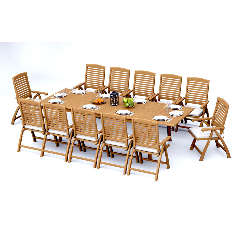  13 Pcs Grade-A Teak Wood Dining Set: 118" Double Extension Rectangle Table And  Ashely Folding Reclining Arm Chairs #11AS2412