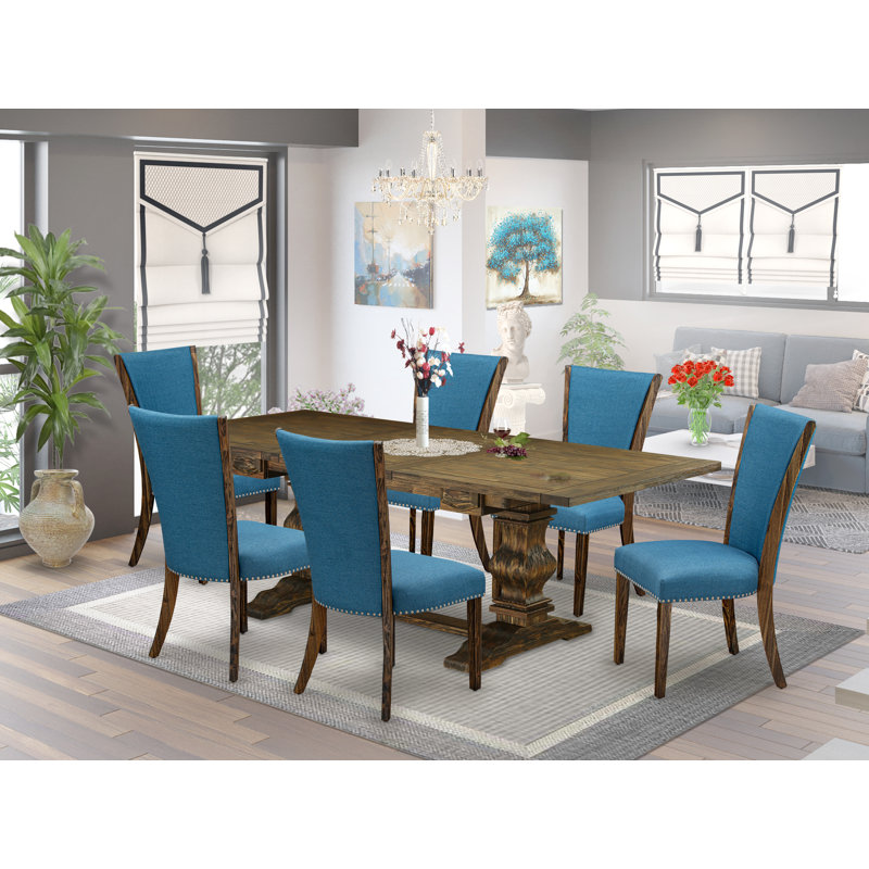 7 Piece Dining Set Consist of a Rectangle Dining Room Table with Removable Leaf and 6 Blue Color Linen Fabric Upholstered Chairs, Distressed Jacobean