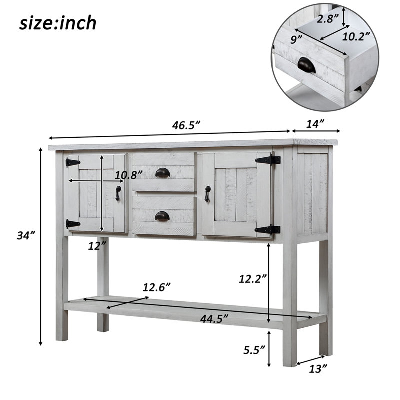 Console de 46 po en bois massif avec 2 tiroirs, armoires et tablette inférieure, armoire de rangement pour salle à manger de style rétro