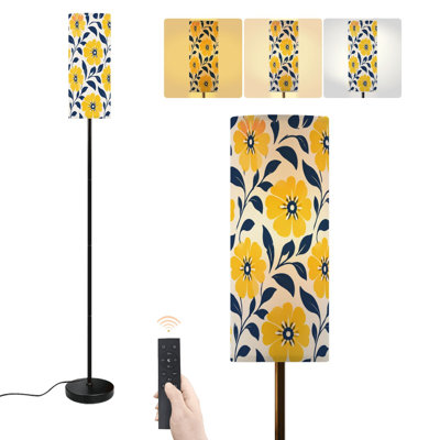 Floor Lamp Yellow Floral Navy Blue Leaves White Dimmable Modern Standing Lamp with Remote Control Footswitch Bulb Lampshade Tall Pole Corner Lamp for Living Room Bedroom Office