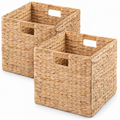 SOLHOME Water Hyacinth Folding Storage Baskets, Set of 2, Natural, 12.6" x 12.6" x 12.6", Handwoven Cube Baskets with Cutout Handles – Shelf Organizer, Toy Storage, Closet Storage
