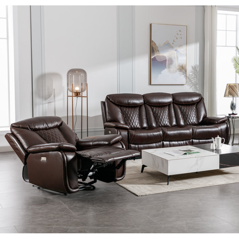 Saneela Breathable Leather Power Reclining Living Room, Classic Espresso Faux Leather