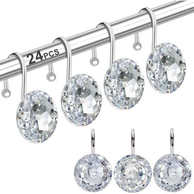 24PCS Stainless Steel Shower Curtain Hooks With Rhinestone Decoration, Rust-Resistant And Durable For Bathroom, Clothing, And Towels