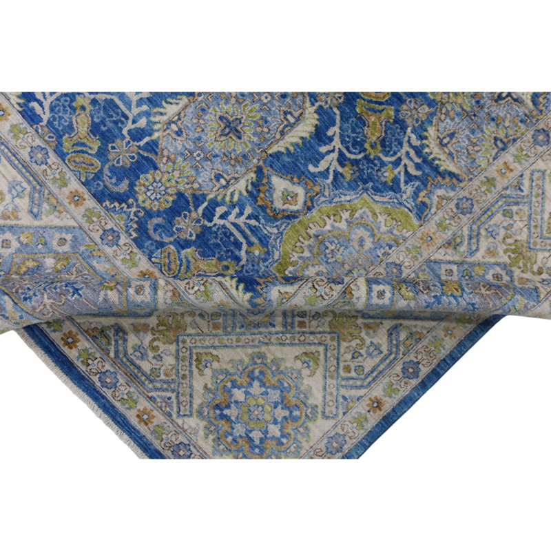 Hand Knotted Wool Area Rug in Blue And Beige