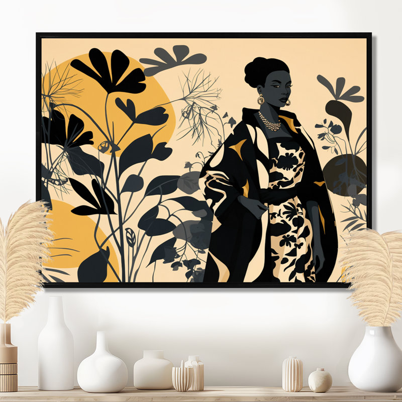 Gracieux mode botanique rétro afro - art mural africain, Cadre flottant noir, H 12 po x l 20 po x P 1 po