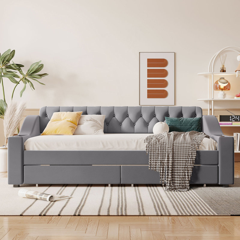 Twin Size Upholstered Daybed With Storage Armrests And Drawers, Day Bed, Gray