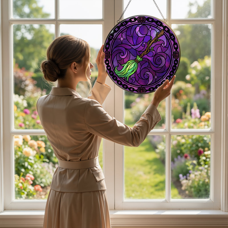 12"H Witch Broom Stained Glass Window Panel