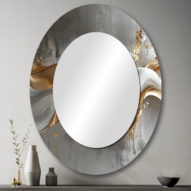 Abstract Marble In Grey And Gold Tones V - Modern Oval Wall Mirror, 43" x 33"