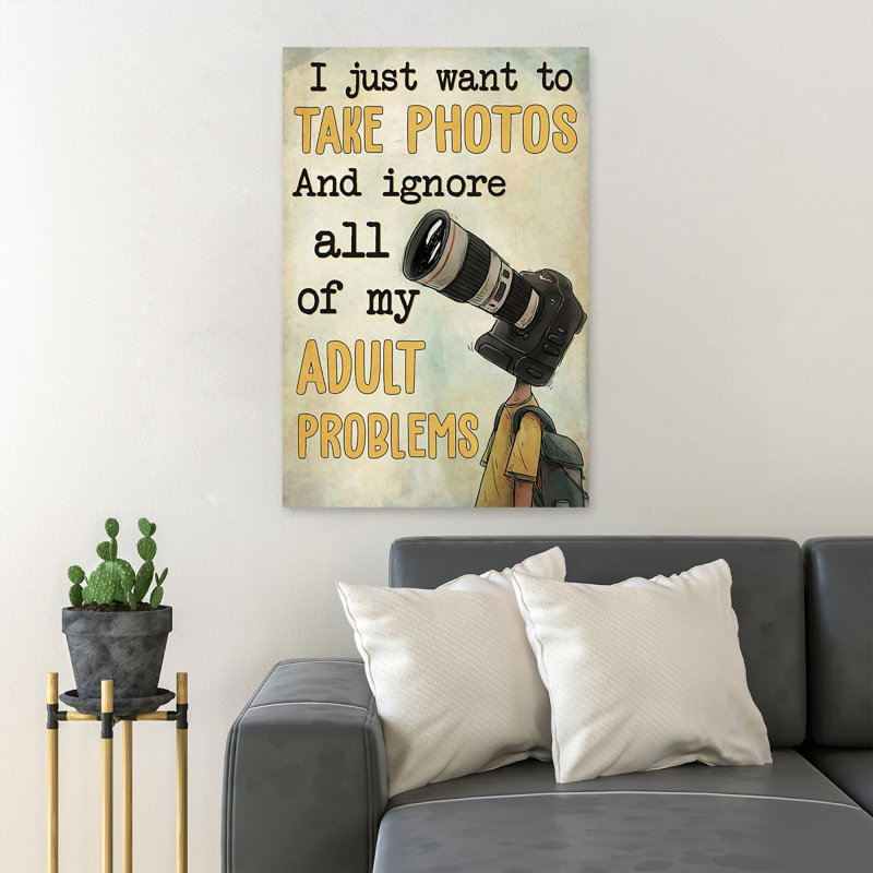 Man With Camera On Head - I Just Want To Take Photos - 1 Piece Rectangle Graphic Art Print On Wrapped Canvas