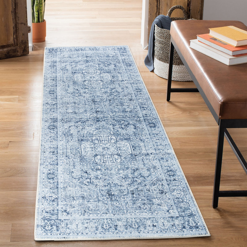  Washable Non-Slip Rug - Ivory / Denim Blue Traditional Medallion Area Rug for Living Room, Bedroom, Dining Room, and Kitchen