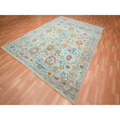 8'9"x12' Light Blue with Orange Leafs, Sultanabad Reimagined, Hand Knotted, Pure Wool, Zero Pile, Cropped Thin, Vegetable Dyes, Oriental Rug