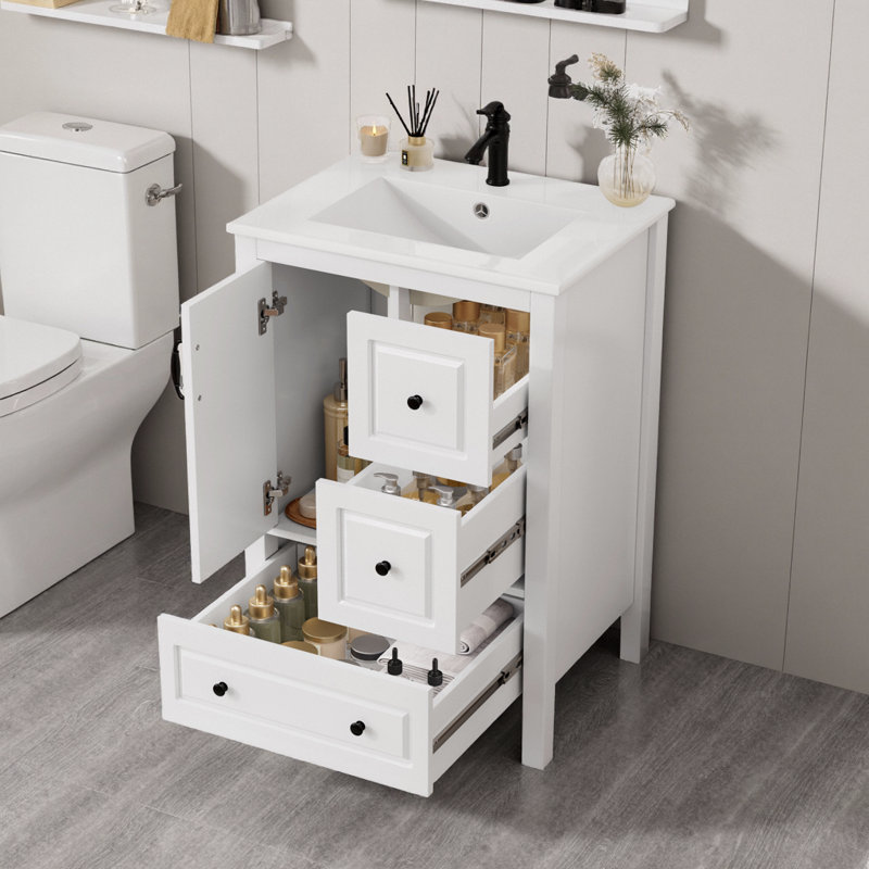 Meuble-lavabo noir 24 po avec lavabo, armoire à fermeture douce et tiroirs, assemblage facile, pose libre, Blanc