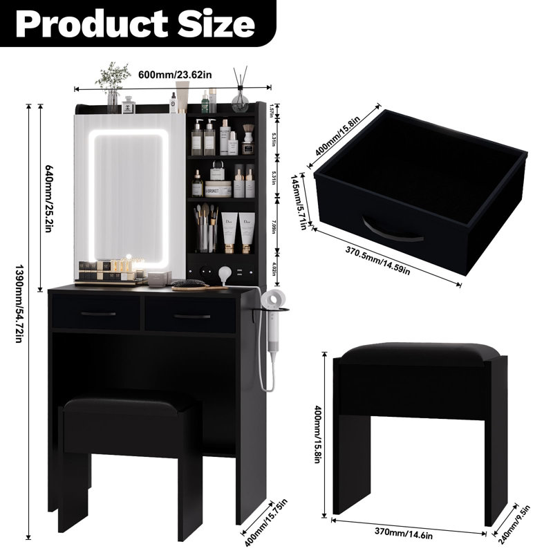 Bureau de maquillage avec miroir DEL et lumières - 5 tiroirs, tablettes ouvertes, station de charge (2 prises et 2 ports USB), armoires RVB, tabouret rembourré - noir