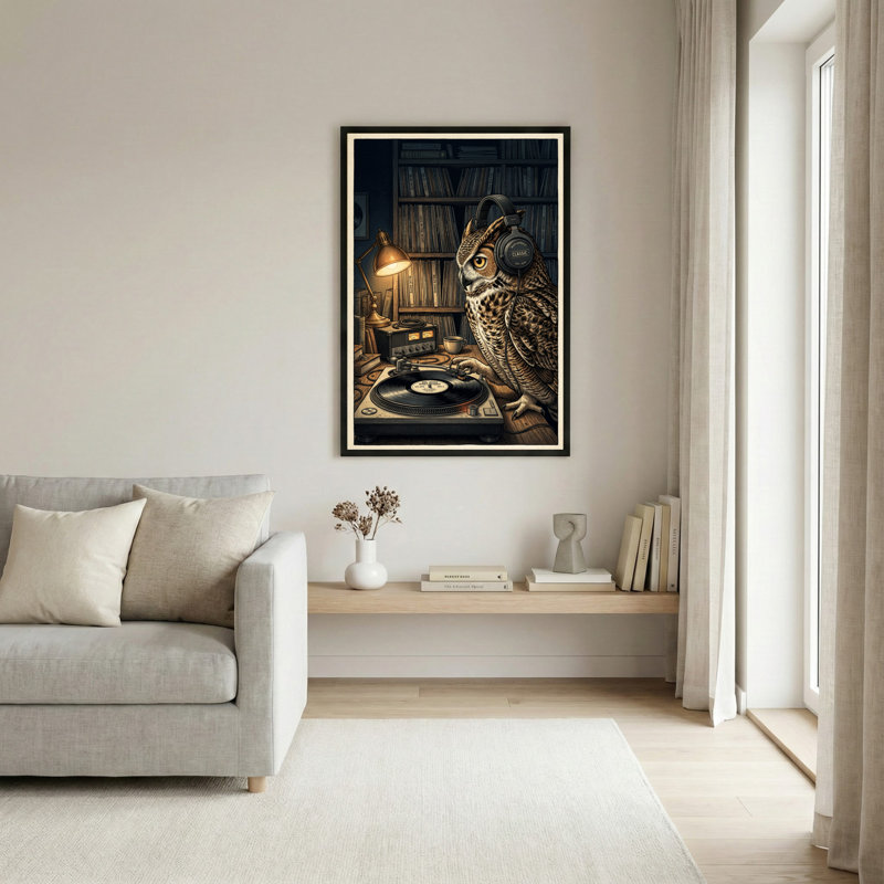 Toile noire encadrée en bois noir pour le salon, la chambre à coucher, le bureau ou le vestibule - décoration murale décorative avec hibou