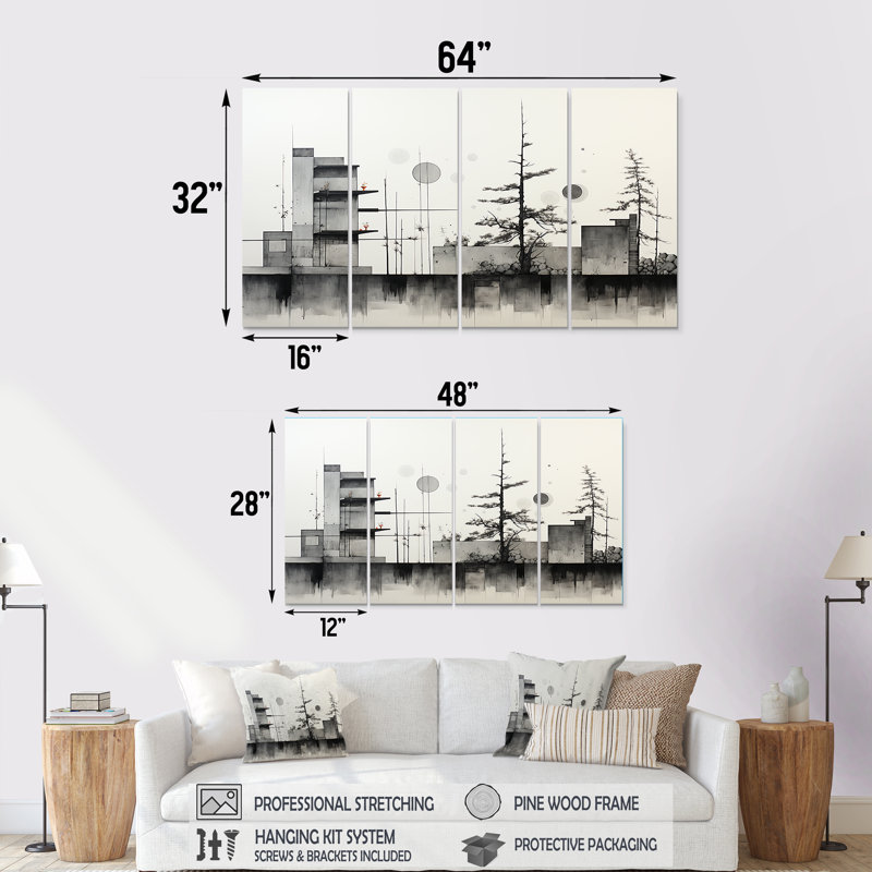 Ensemble de 4 décorations murales gris et gris Greometric, H 28 po x l 48 po