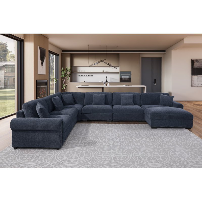 Errett Upholstered 7-Seats Cloud Corner Sectional Sofa, Dark Blue Polyester