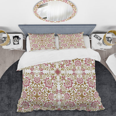 Or et rose damassé - ensemble de housse de couette abstrait - microfibre de polyester