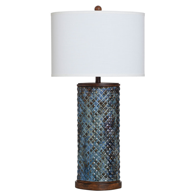Lampe de table en céramique - Opale bleue - Abat-jour blanc