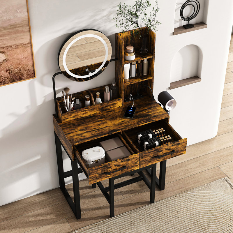 Miroir de maquillage rond à DEL avec éclairage 3 couleurs, 2 grands tiroirs, ports et support pour sèche-cheveux, brun, style américain, grand espace de rangement ouvert, luminosité réglable, matériau de fabrication