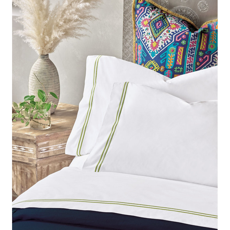 Enzo 100% Cotton Percale Sheet Set, White/Pear, Full Sheet Set + 2 Pillowcases