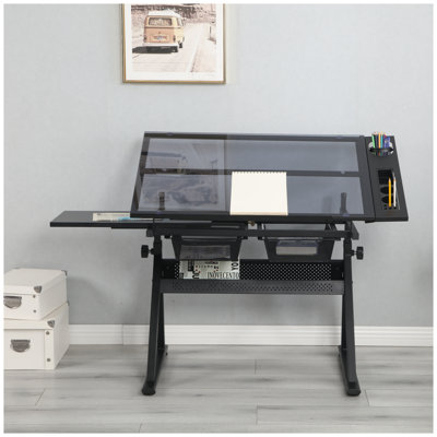 Adjustable Drafting Table with Tempered Glass Top, 0-75° Tilt, Black Steel Frame