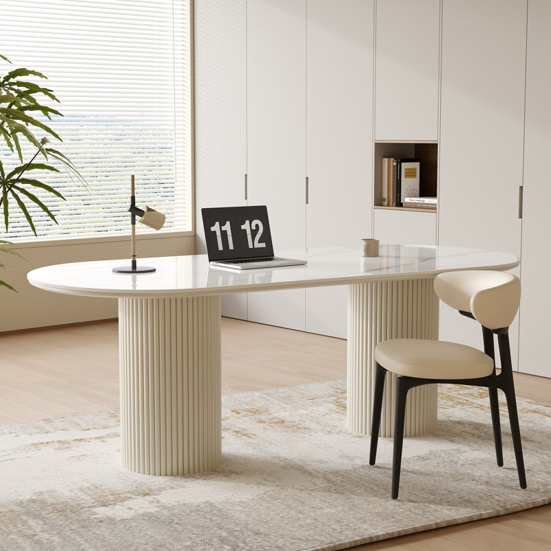 Oval Stone Writing Desk, White, 29.53" H x 70.87" W x 35.43" D