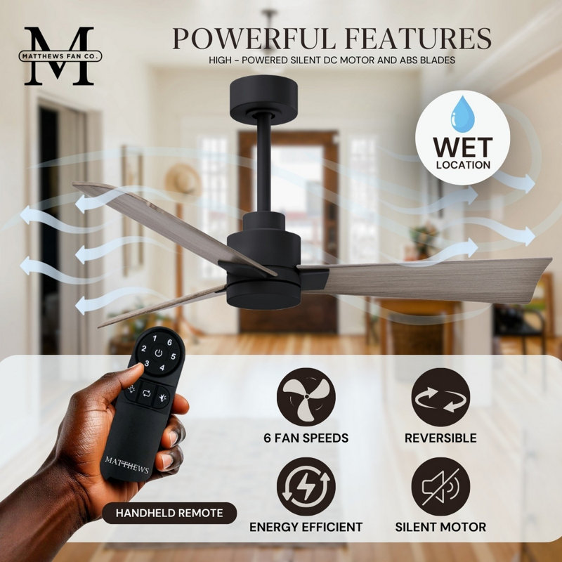 Alessandra Outdoor Downrod Ceiling Fan, Matte Black, Gray Ash Tone