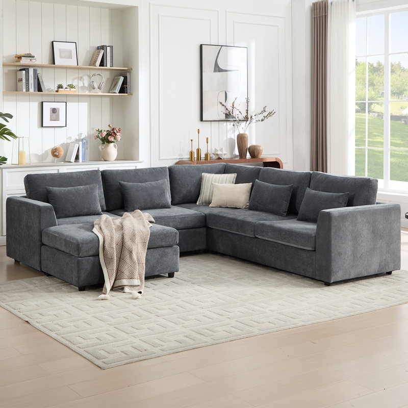 6-Piece Upholstered Sectional Sofa Modern Corner Couch With Ottoman, Gray Polyester Blend