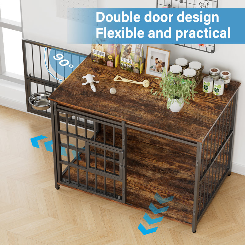 Dog Crate Furniture, Wooden Heavy-Duty Dog Cage with Sliding Barn Door, Escape-Proof and Chew-Proof, Interactive Window for High-Anxiety Dogs, Double-Door, 360° Adjustable Bowls