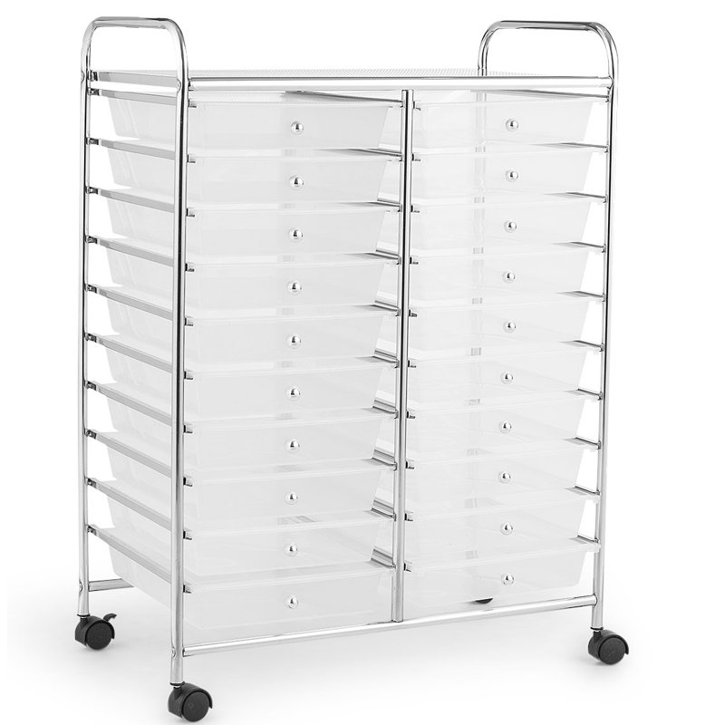 Clear 20-Drawer Rolling Organizer Cart with Chrome Frame