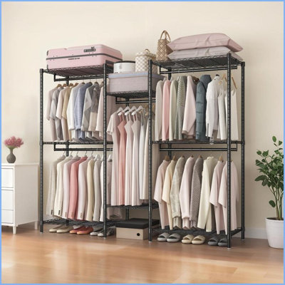 Porte-vêtements, organisateur de placard autoportant robuste avec 8 tablettes réglables 5 tiges | Noir | Métal