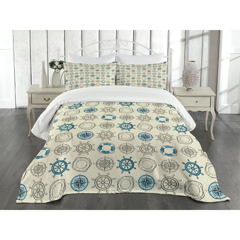 Ambesonne Compass Bedspread Set  Marine Inspired Retro  Beige Teal, King Coverlet / Bedspread + 2 Standard Shams