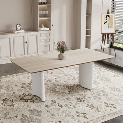 Table de salle à manger rectangulaire de luxe 63 po avec plateau d'aspect pierre et piédestal sculptural crème
