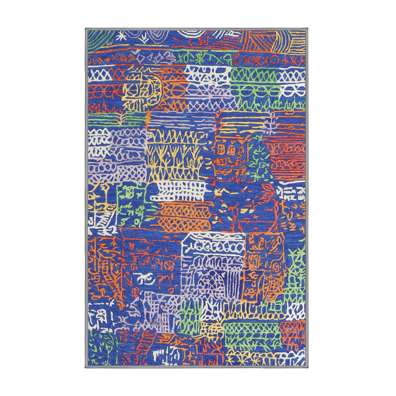 Tapis bleu/orange/vert zone contemporaine, Rectangle 3 pi x 5 pi
