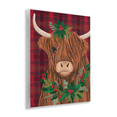 Holiday Cattle on Buffalo Plaid Wall Plaque Art, design by Lisa Perry Whitebutton