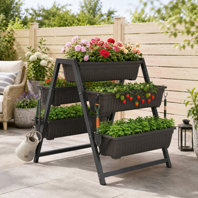 Lit de jardin surélevé vertical à 5 niveaux, jardinière verticale avec drainage de l'eau, jardinière verticale autoportante avec crochets en S pour les plantes, les légumes, les fleurs, les herbes, le jardin, la cour, l'intérieur