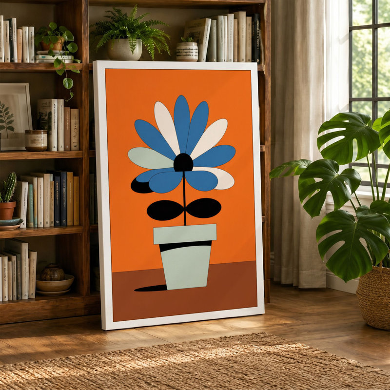 Geometric Daisy Bloom Mid-Century 1 Piece Wrapped Canvas Wall Art, 24x16 - 61.0 x 40.6 cm, Terracotta Border