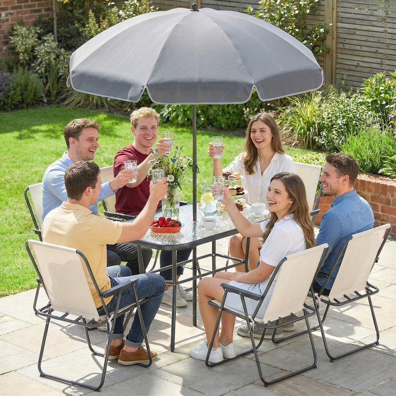 6 - Person Patio Dining Set with Rectangular Table, Cream