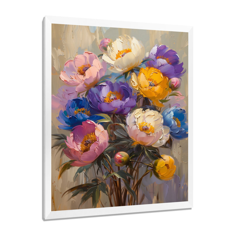 Véronique - pivoines, art mural, salon, Cadre blanc, H 24 po x l 32 po