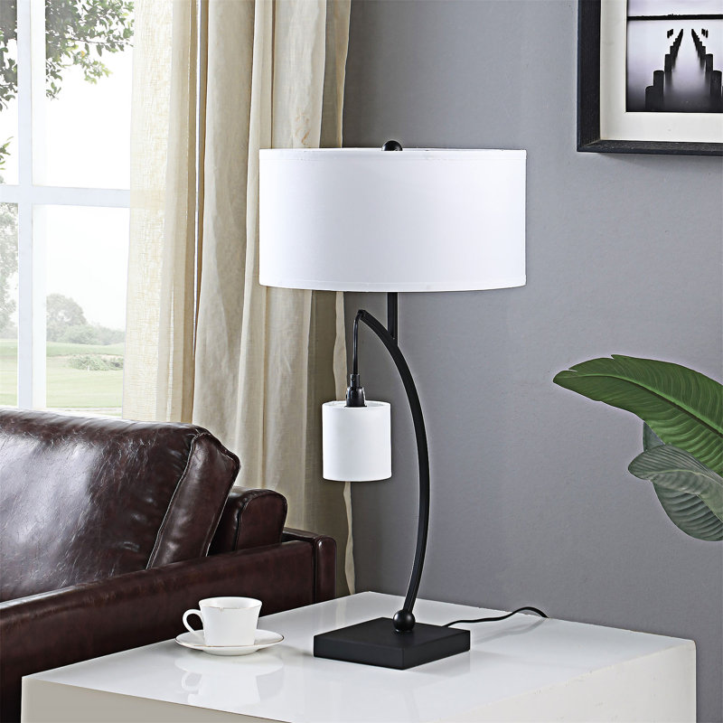 Lampe de table contemporaine à double arc en métal avec pendule suspendu et éclairage réglable, Noir mat