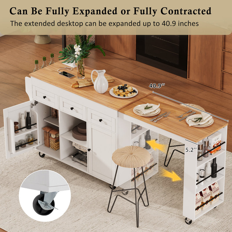 Extendable Kitchen Island With Dining Table, Rolling Storage Cart With Power Outlet, Drawers, Doors, And Open Shelves, White | Gift Idea