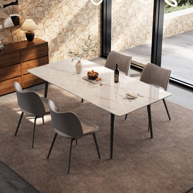 Sintered Stone Dining Table, Modern Marble Look Kitchen Table for 6-8 People, Large Dinner Table with Heavy-Duty Black Metal Legs, Scratch & Heat Resistant for Dining Room(Without Chairs)