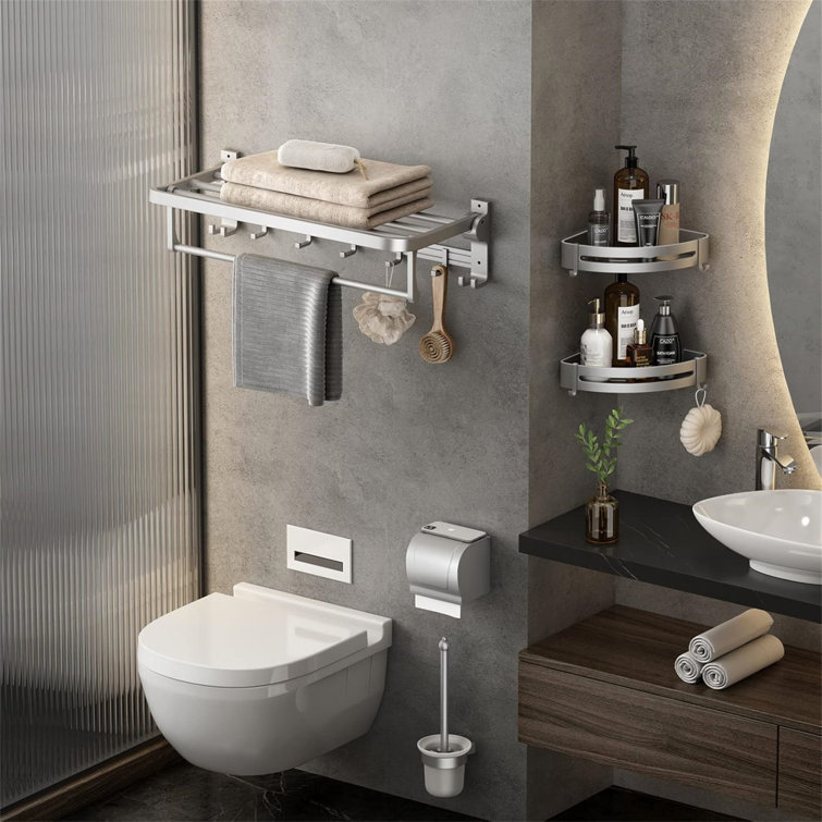 24 inch foldable towel rack with movable hooks for bathroom wall storage, space saving, practical and convenient.