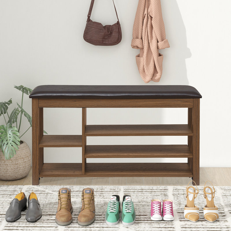 Solid Wood Shoe Bench,wood Storage Rack Organizer With High Rebound Sponge Cushion And Hidden Storage, Brown