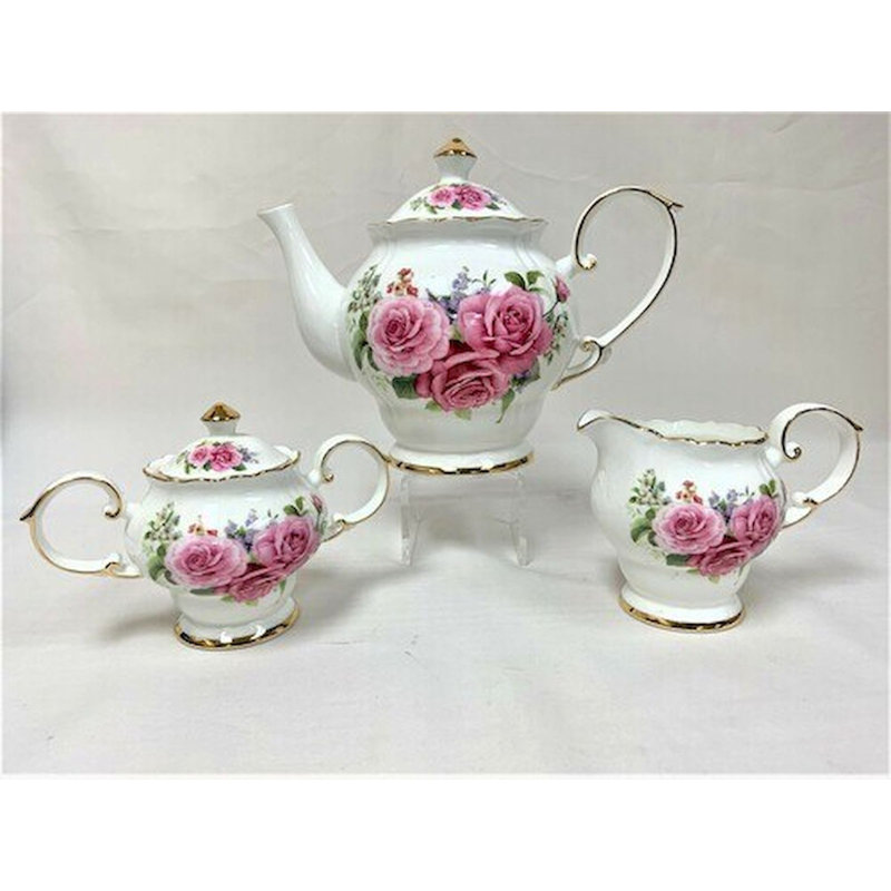 Ensemble de 3 théières roses roses avec garniture dorée