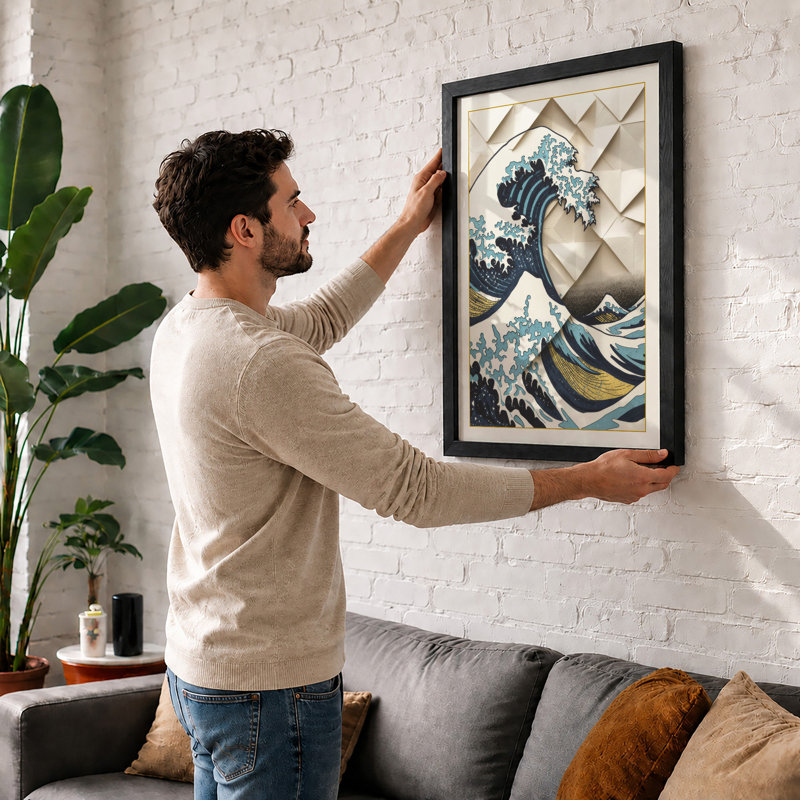 Wave And Geometry Japandi - Print, A2 - 59.4 x 42.0 cm, Black